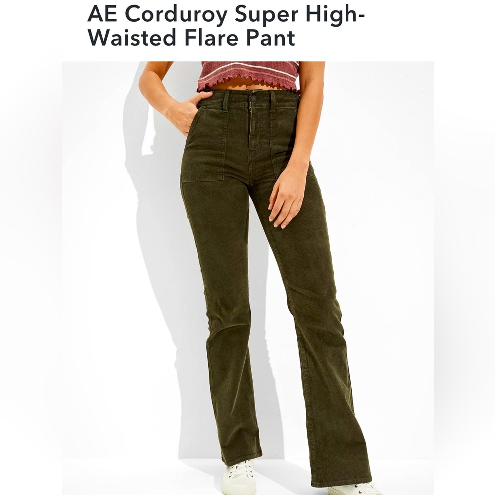 American Eagle size 14 women’s Super High Rise Flare olive green corduroy pants.